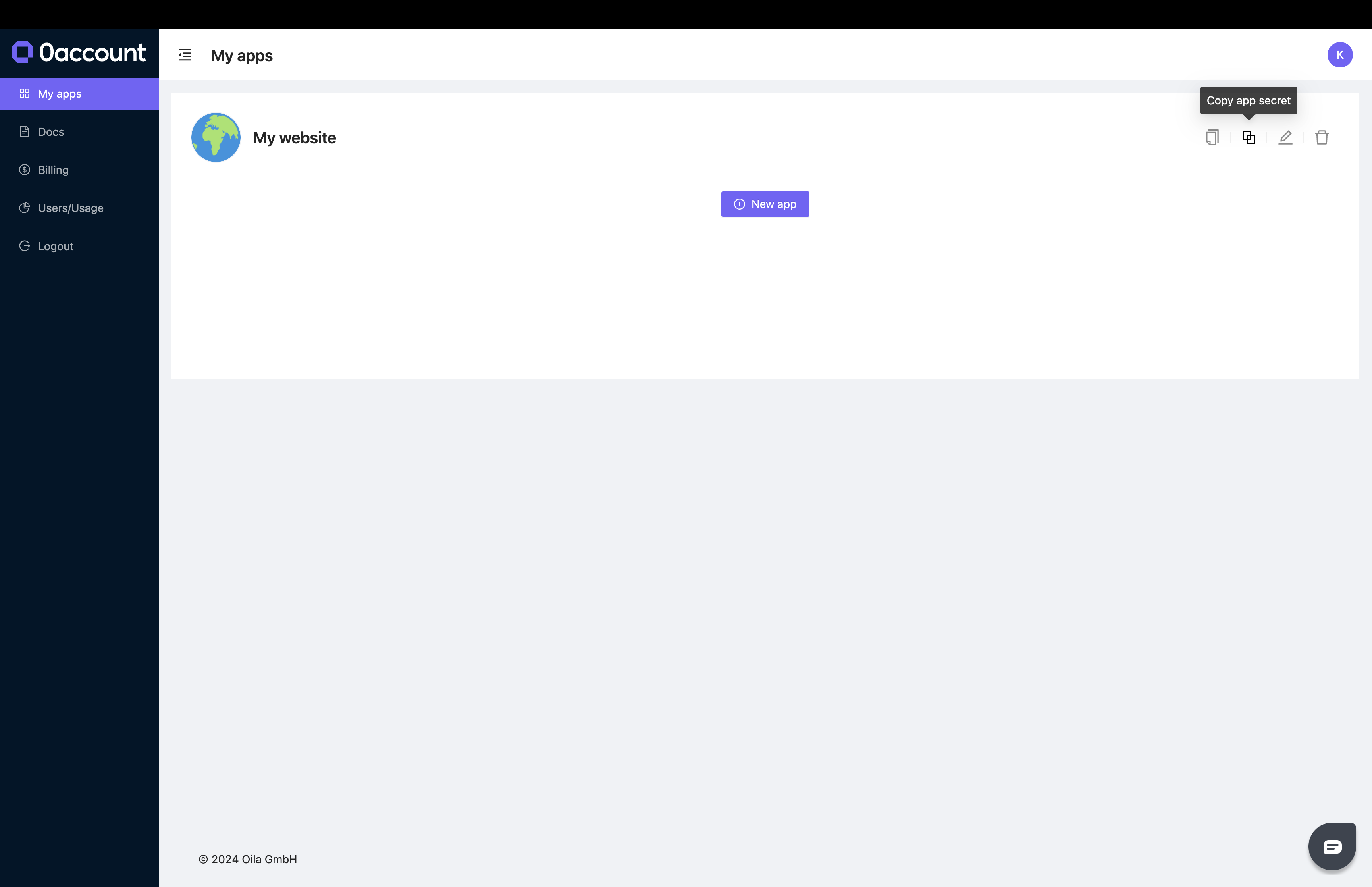 0account copy app secret page image